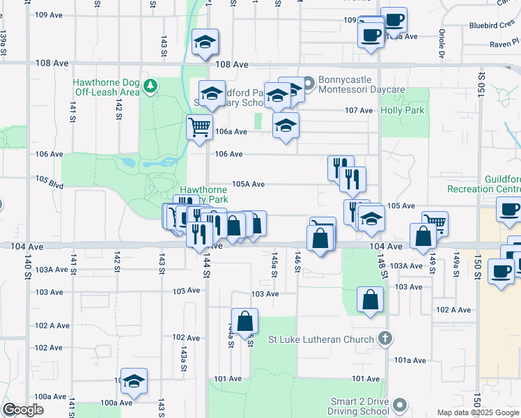 map of restaurants, bars, coffee shops, grocery stores, and more near 14523 104A Avenue in Surrey