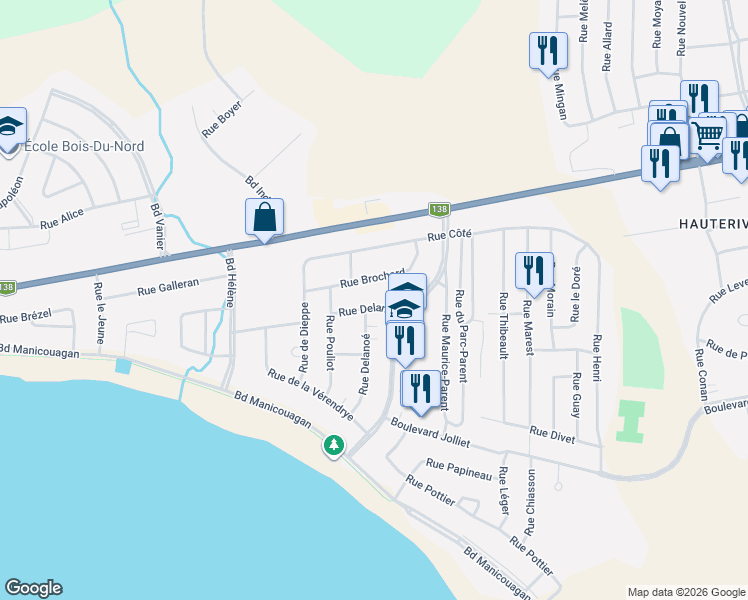 map of restaurants, bars, coffee shops, grocery stores, and more near 1800 Rue Delande in Baie-Comeau