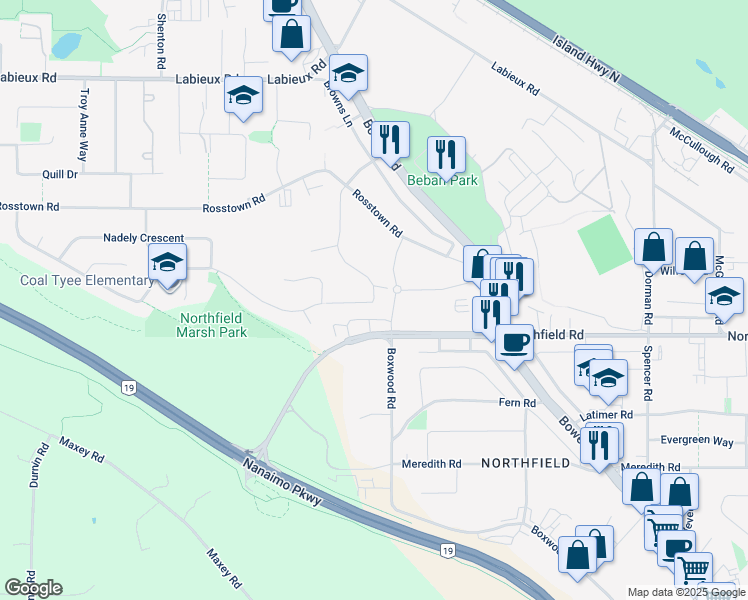 map of restaurants, bars, coffee shops, grocery stores, and more near 2028 Mountain Vista Drive in Nanaimo