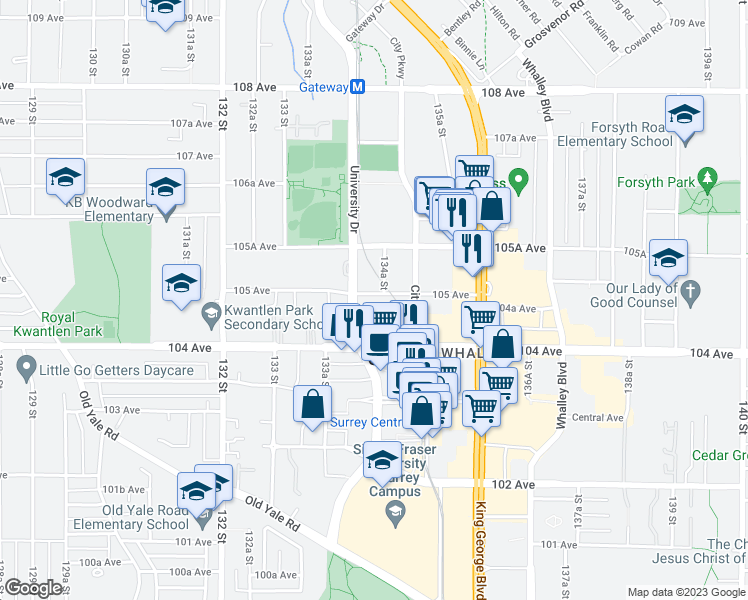 map of restaurants, bars, coffee shops, grocery stores, and more near 13428 105 Avenue in Surrey