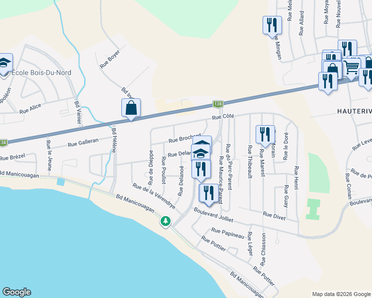 map of restaurants, bars, coffee shops, grocery stores, and more near 1800 Rue Delande in Baie-Comeau
