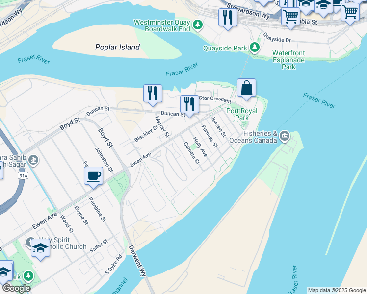 map of restaurants, bars, coffee shops, grocery stores, and more near 278 Camata Street in New Westminster