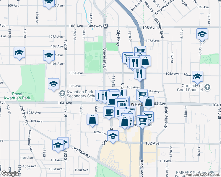 map of restaurants, bars, coffee shops, grocery stores, and more near in Surrey