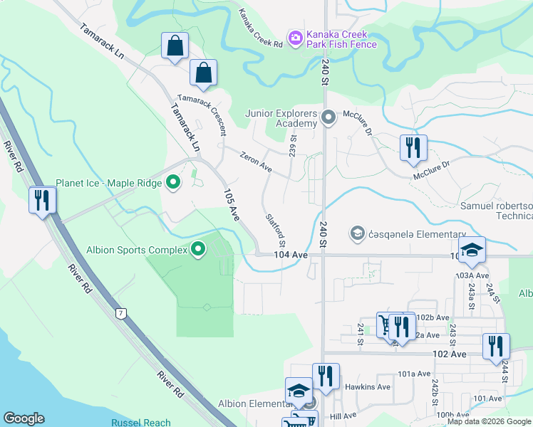 map of restaurants, bars, coffee shops, grocery stores, and more near Slatford Street in Maple Ridge