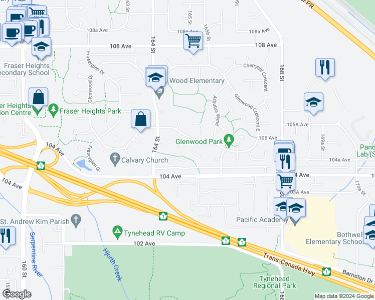 map of restaurants, bars, coffee shops, grocery stores, and more near 10481 Willow Grove in Surrey