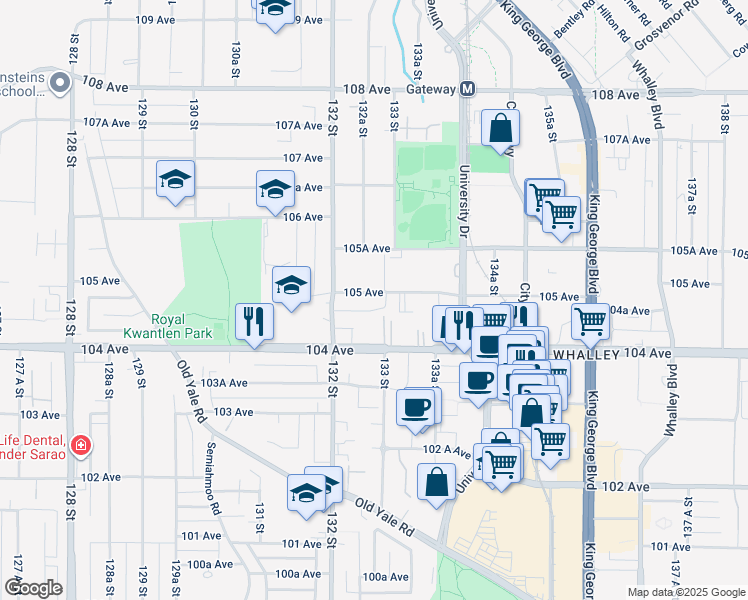 map of restaurants, bars, coffee shops, grocery stores, and more near 13258 105 Avenue in Surrey