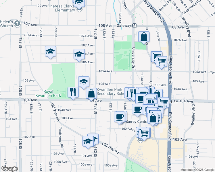 map of restaurants, bars, coffee shops, grocery stores, and more near 13258 105 Avenue in Surrey