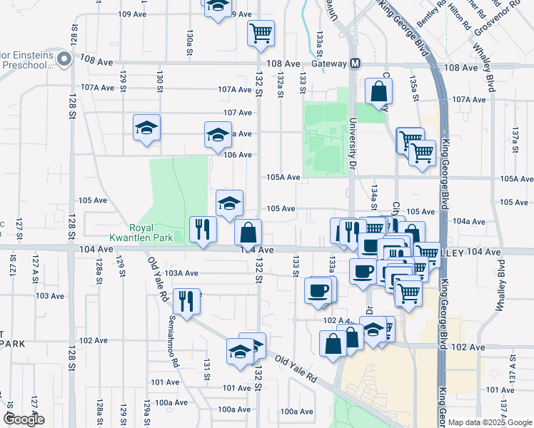 map of restaurants, bars, coffee shops, grocery stores, and more near 13238 105 Avenue in Surrey