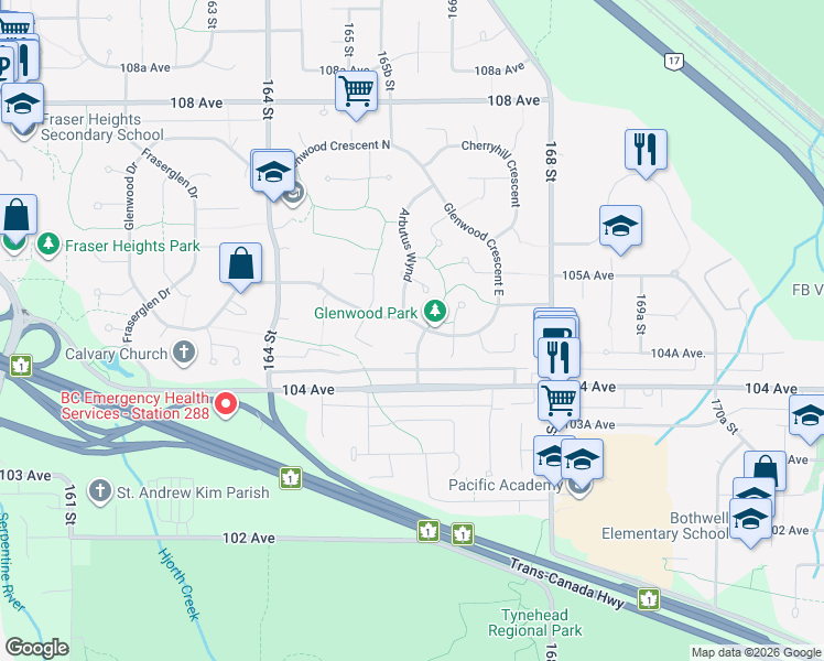map of restaurants, bars, coffee shops, grocery stores, and more near 10475 Oak Gate in Surrey