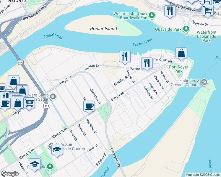 map of restaurants, bars, coffee shops, grocery stores, and more near 316 Stanley Street in New Westminster