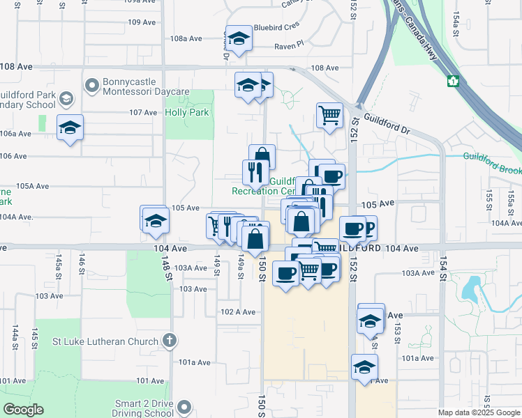 map of restaurants, bars, coffee shops, grocery stores, and more near 14950 105 Avenue in Surrey