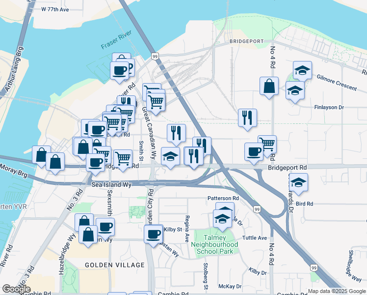 map of restaurants, bars, coffee shops, grocery stores, and more near 9151 Bridgeport Road in Richmond