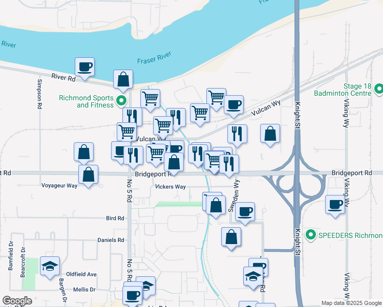 map of restaurants, bars, coffee shops, grocery stores, and more near in Richmond