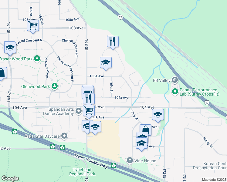 map of restaurants, bars, coffee shops, grocery stores, and more near 10476 169A Street in Surrey