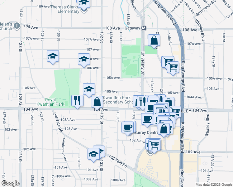 map of restaurants, bars, coffee shops, grocery stores, and more near 13270 105 Avenue in Surrey