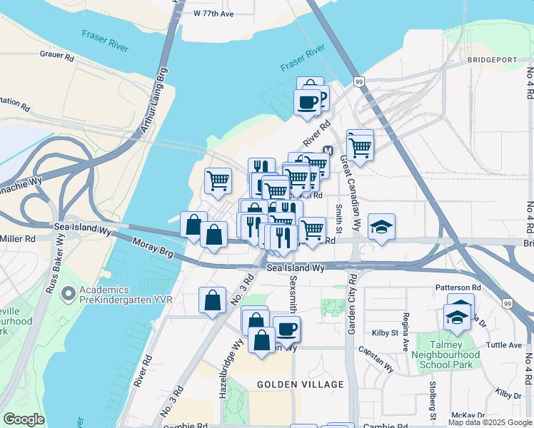 map of restaurants, bars, coffee shops, grocery stores, and more near 2811 Number 3 Road in Richmond