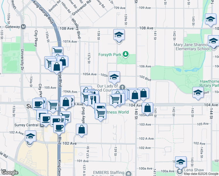 map of restaurants, bars, coffee shops, grocery stores, and more near 10488 138A Street in Surrey