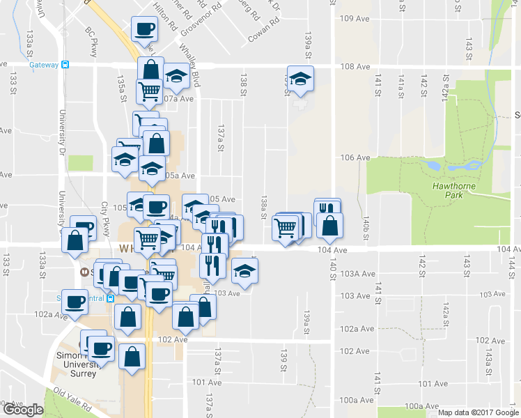 map of restaurants, bars, coffee shops, grocery stores, and more near in Surrey