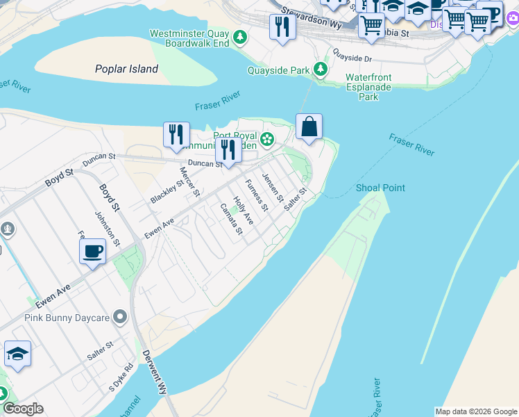 map of restaurants, bars, coffee shops, grocery stores, and more near 230 Furness Street in New Westminster
