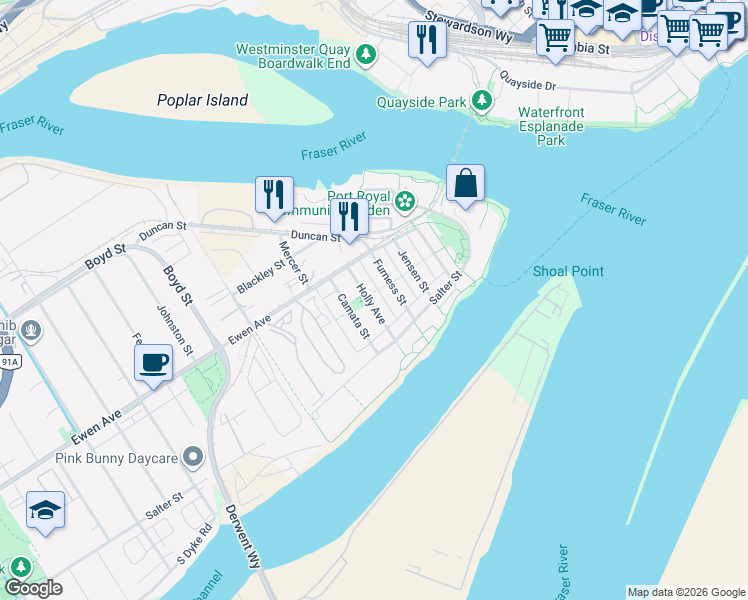 map of restaurants, bars, coffee shops, grocery stores, and more near 245 Holly Avenue in New Westminster