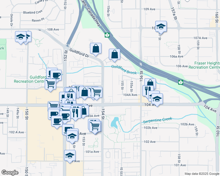 map of restaurants, bars, coffee shops, grocery stores, and more near 10481 154A Street in Surrey