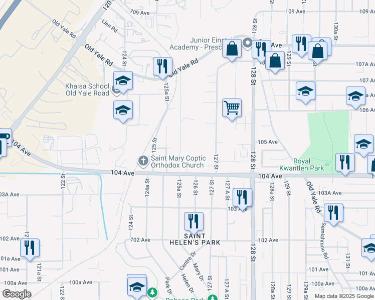 map of restaurants, bars, coffee shops, grocery stores, and more near 12585 104A Avenue in Surrey