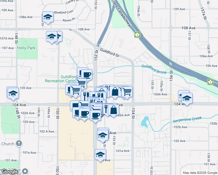 map of restaurants, bars, coffee shops, grocery stores, and more near 15268 105 Avenue in Surrey
