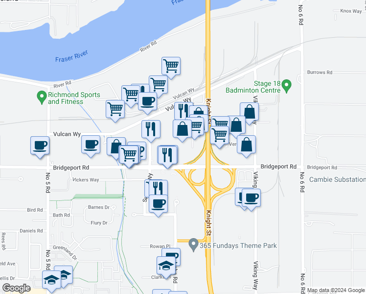 map of restaurants, bars, coffee shops, grocery stores, and more near 2691 Viscount Way in Richmond