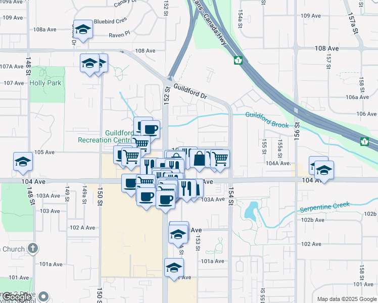 map of restaurants, bars, coffee shops, grocery stores, and more near 15268 105 Avenue in Surrey