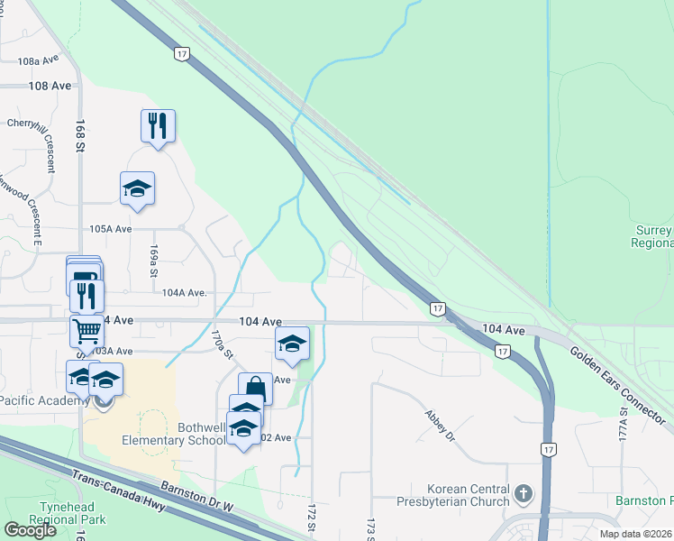 map of restaurants, bars, coffee shops, grocery stores, and more near 17288 104A Avenue in Surrey