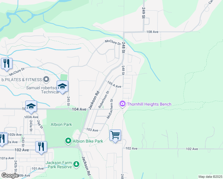 map of restaurants, bars, coffee shops, grocery stores, and more near 10516 Robertson Street in Maple Ridge