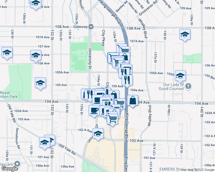 map of restaurants, bars, coffee shops, grocery stores, and more near 105 Avenue in Surrey