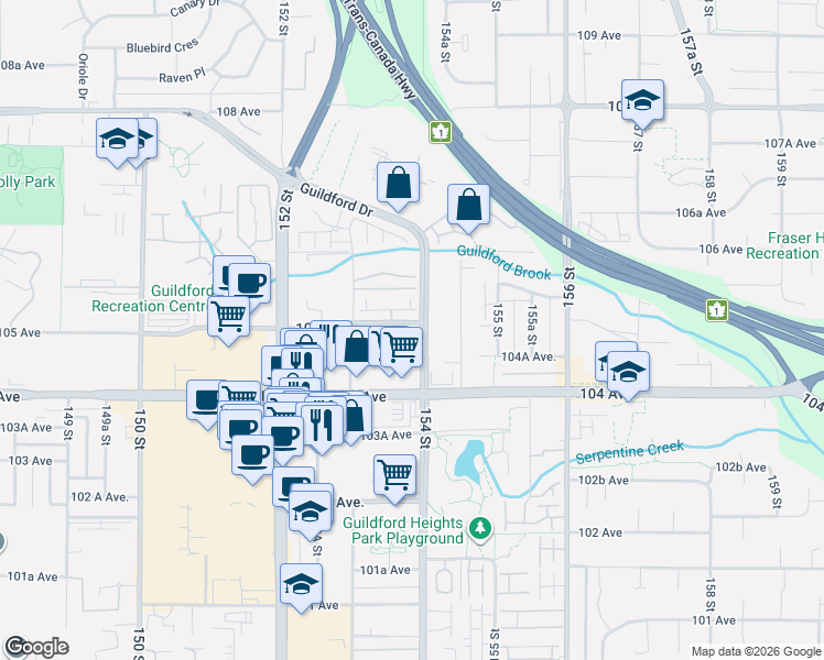 map of restaurants, bars, coffee shops, grocery stores, and more near 15388 105 Avenue in Surrey