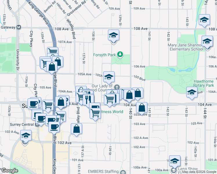 map of restaurants, bars, coffee shops, grocery stores, and more near 10485 139 Street in Surrey