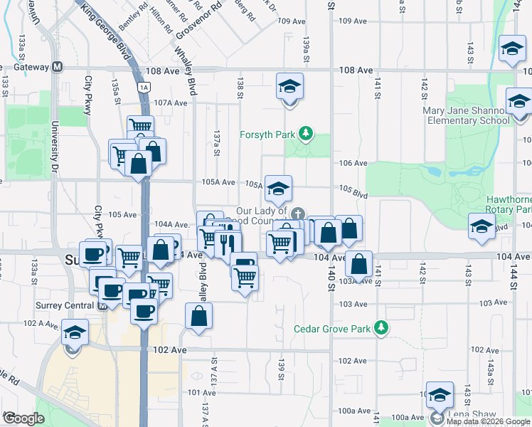 map of restaurants, bars, coffee shops, grocery stores, and more near in Surrey
