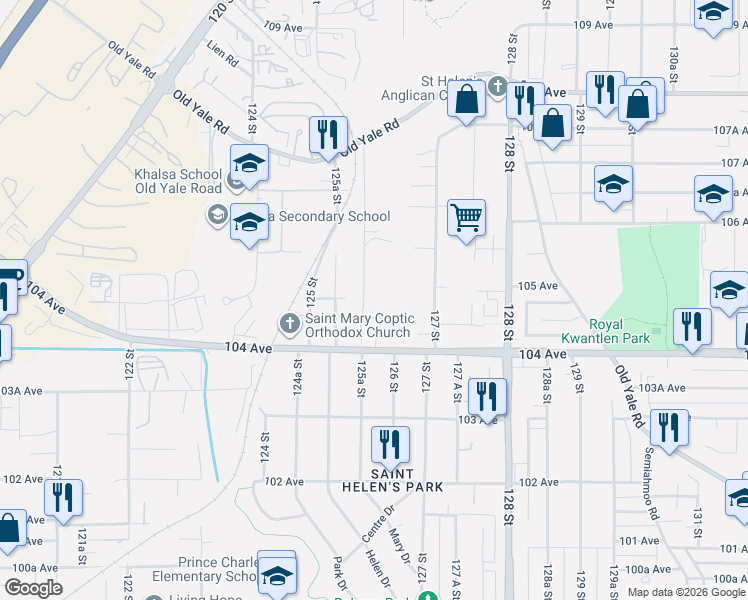 map of restaurants, bars, coffee shops, grocery stores, and more near 12585 104A Avenue in Surrey