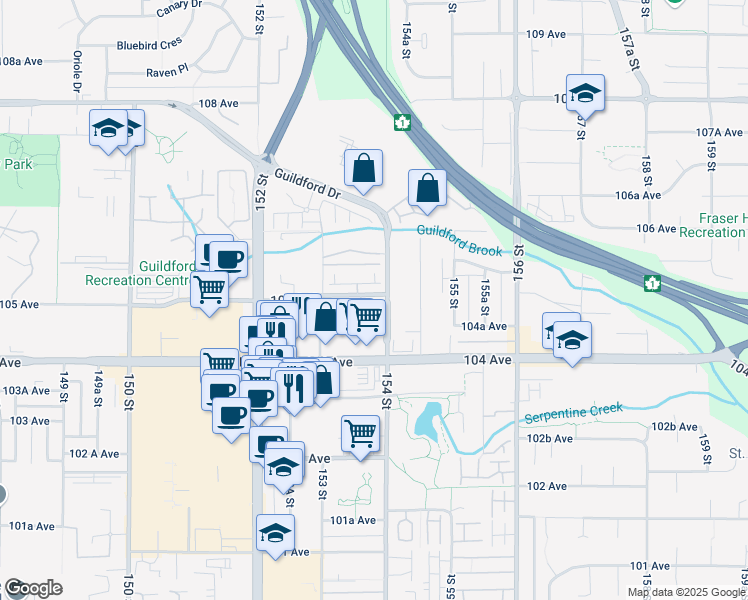 map of restaurants, bars, coffee shops, grocery stores, and more near in Surrey
