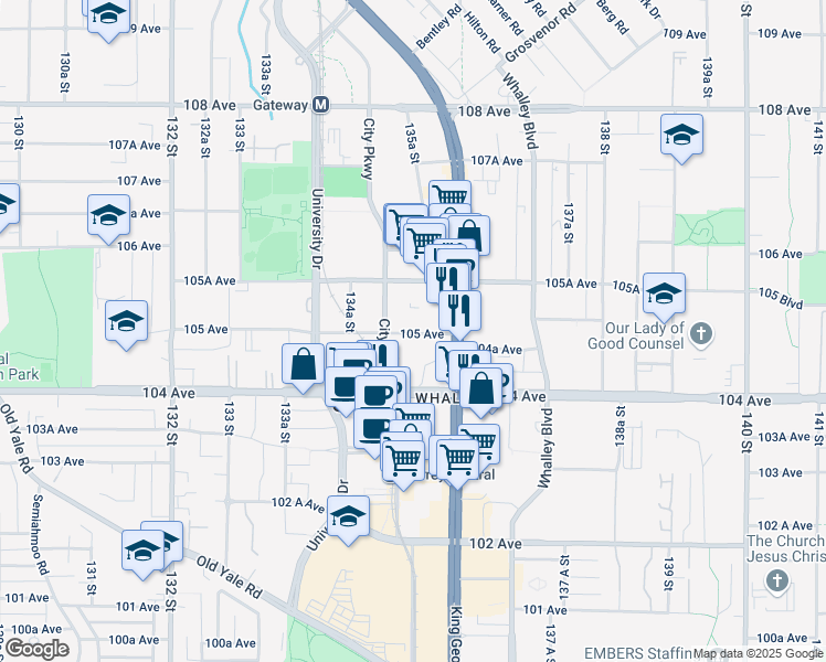 map of restaurants, bars, coffee shops, grocery stores, and more near in Surrey