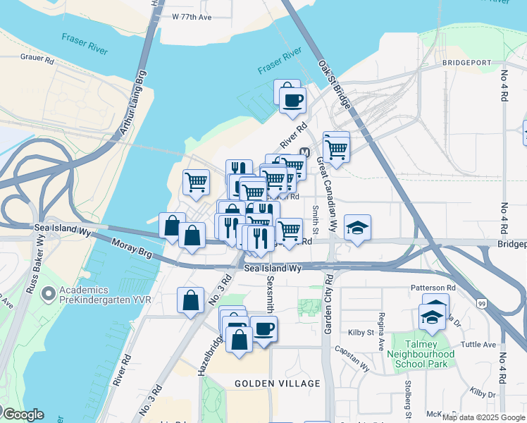 map of restaurants, bars, coffee shops, grocery stores, and more near in Richmond
