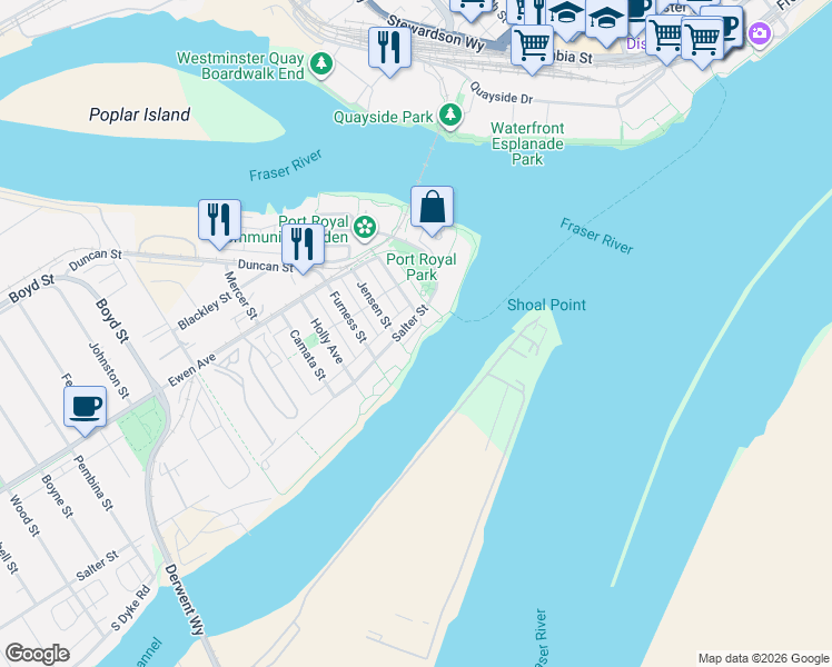 map of restaurants, bars, coffee shops, grocery stores, and more near 230 Salter Street in New Westminster