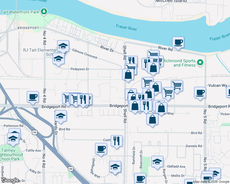 map of restaurants, bars, coffee shops, grocery stores, and more near 10680 Mckessock Place in Richmond