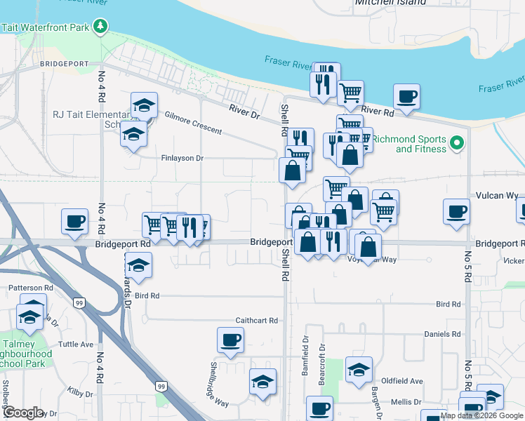 map of restaurants, bars, coffee shops, grocery stores, and more near 10680 Mckessock Place in Richmond