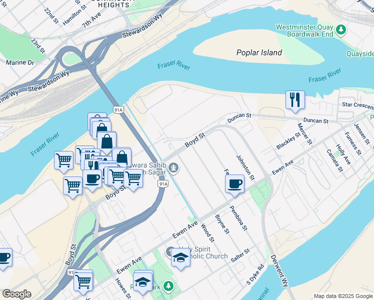 map of restaurants, bars, coffee shops, grocery stores, and more near 600 Boyd Street in New Westminster