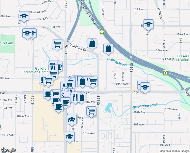 map of restaurants, bars, coffee shops, grocery stores, and more near 15388 105 Avenue in Surrey