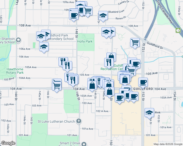 map of restaurants, bars, coffee shops, grocery stores, and more near in Surrey