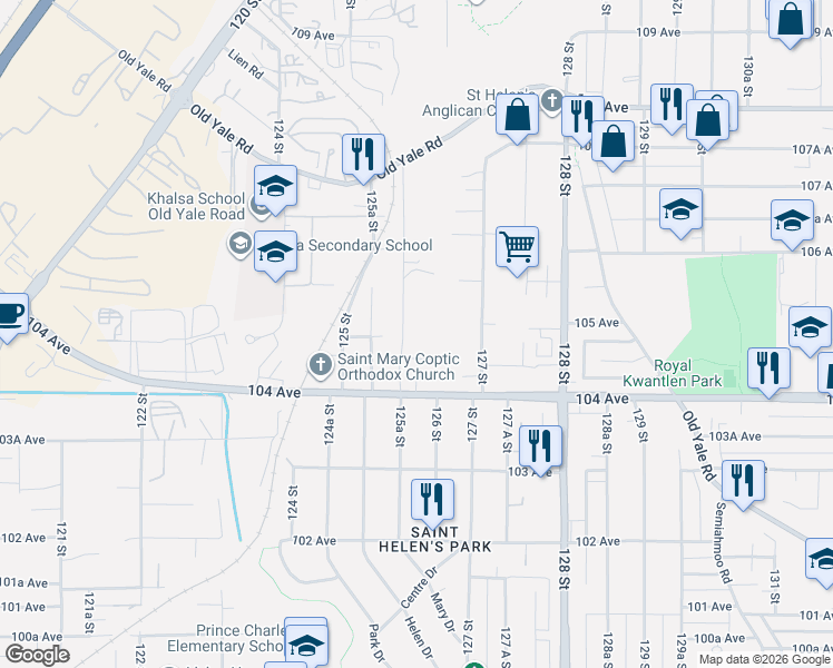 map of restaurants, bars, coffee shops, grocery stores, and more near 12585 104A Avenue in Surrey