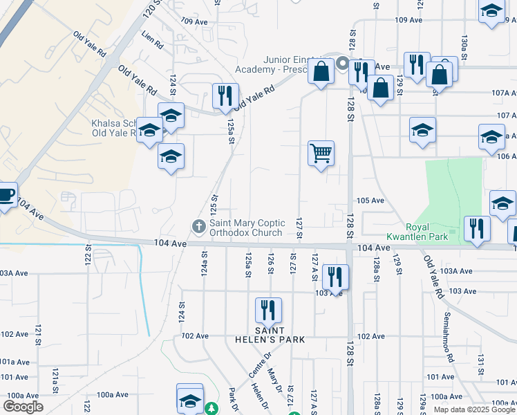 map of restaurants, bars, coffee shops, grocery stores, and more near 12585 104A Avenue in Surrey