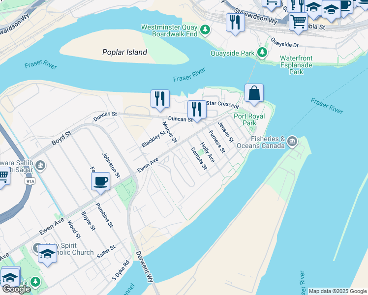 map of restaurants, bars, coffee shops, grocery stores, and more near 260 Ewen Avenue in New Westminster