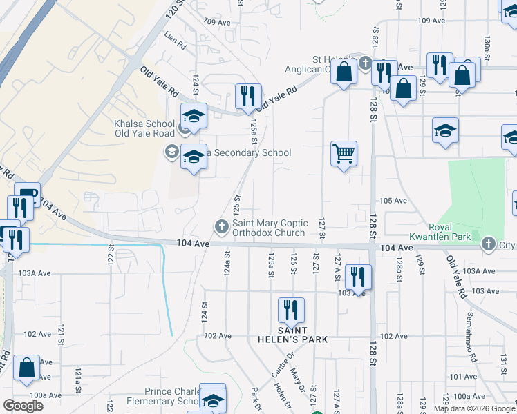 map of restaurants, bars, coffee shops, grocery stores, and more near 10482 125A Street in Surrey