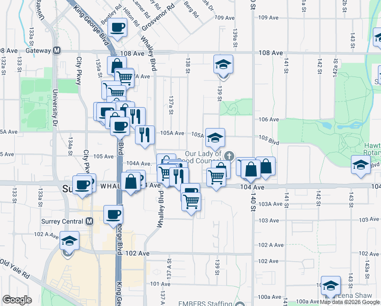 map of restaurants, bars, coffee shops, grocery stores, and more near 10496 138 Street in Surrey